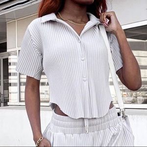 Maniere De Voir - Grey Button Down Shirt & Bralette Set